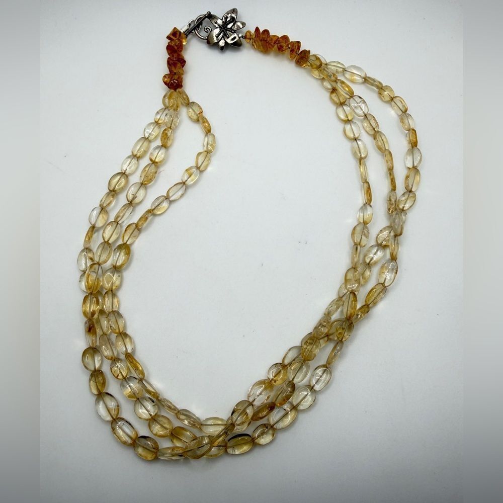 20" ALL CITRINE, 3 strands beaded‎ necklace w/ ornate silver plated clasp!